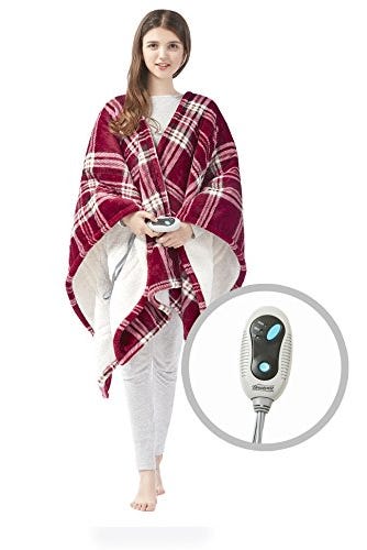 Wearable Electric Poncho Throw with Buttons MP2 Fleece Heated Blanket Wrap Shawl 50x 64 Geo 3 Heating Settings & 2 Hours Auto Shut Off Wearable Electric Poncho Throw with Buttons MP2 Fleece Heated Blanket Wrap Shawl 50x 64 Geo 3 Heating Settings & 2 Hours Auto Shut Off